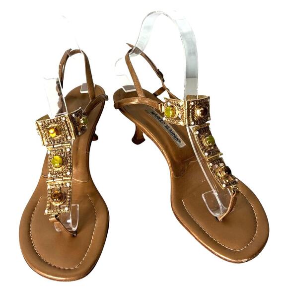 Manolo Blahnik Jeweled Leather Kitten Heels Slingback Sandals Gold Size 39 (9) - Picture 1 of 8